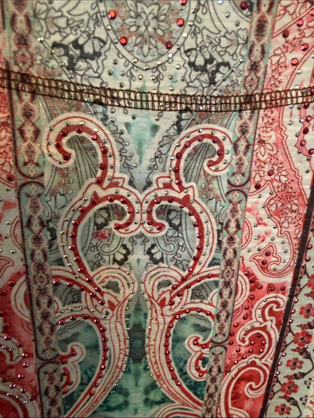 Live and Let Live Womens Large Paisley Mixed Print Rhinestone Sharkbite Top Boho